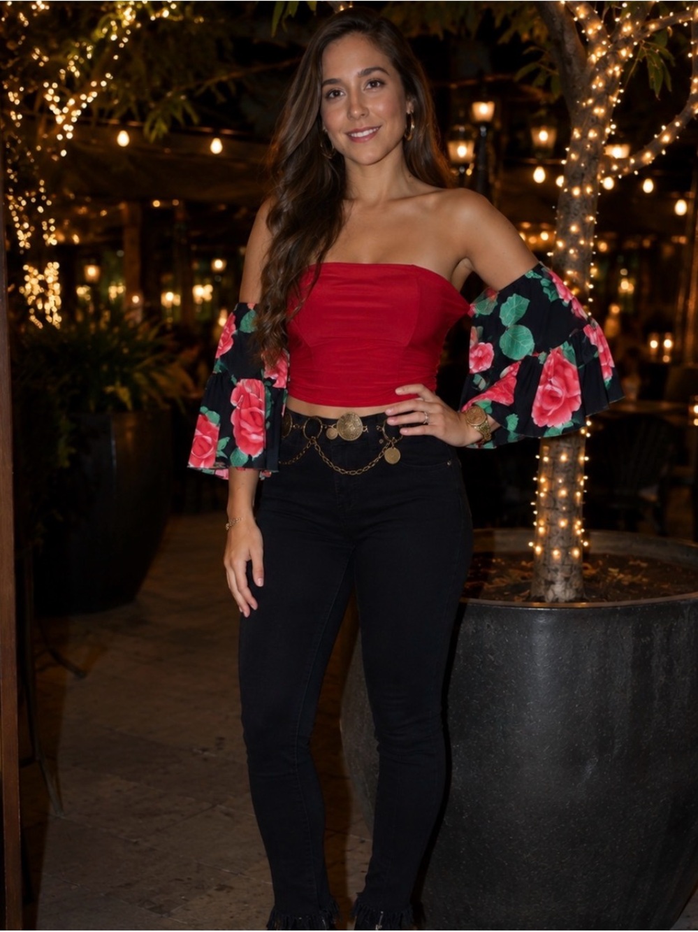 Off-Shoulder Red Floral Sleeve Crop Top